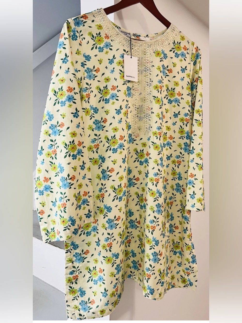 Sapphire Floral Embroidered Tunic - Cream with Blue & Lime Flowers.Size large .